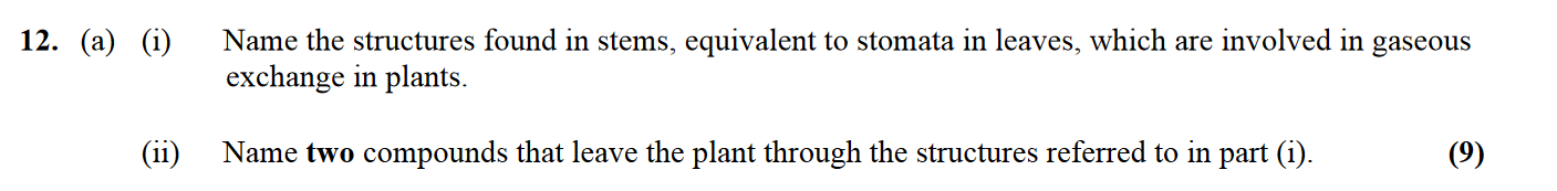 12.-(a)-(i)-Name-the-structures-found-in-stems,-equivalent-to-stomata-in-leaves,-which-are-involved-in-gaseous-exchange-in-plants-Leaving Cert Biology-Question 12-2014.png