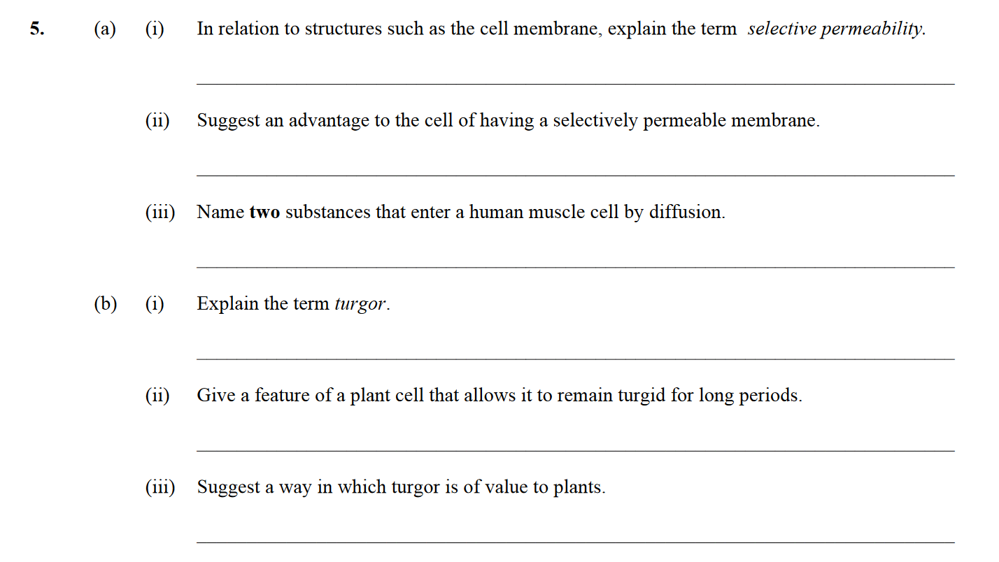 5.-(a)-(i)-In-relation-to-structures-such-as-the-cell-membrane,-explain-the-term-selective-permeability-Leaving Cert Biology-Question 5-2013.png
