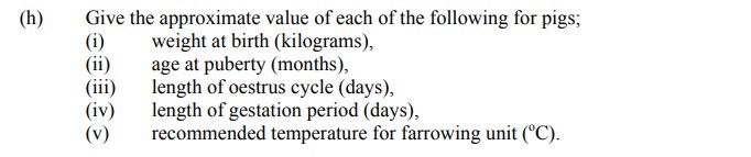 Give-the-approximate-value-of-each-of-the-following-for-pigs;--(i)-weight-at-birth-(kilograms),--(ii)-age-at-puberty-(months),--(iii)-length-of-oestrus-cycle-(days),--(iv)-length-of-gestation-period-(days),--(v)-recommended-temperature-for-farrowing-unit-(°C).-Leaving Cert Agricultural Science-Question h-2008.png