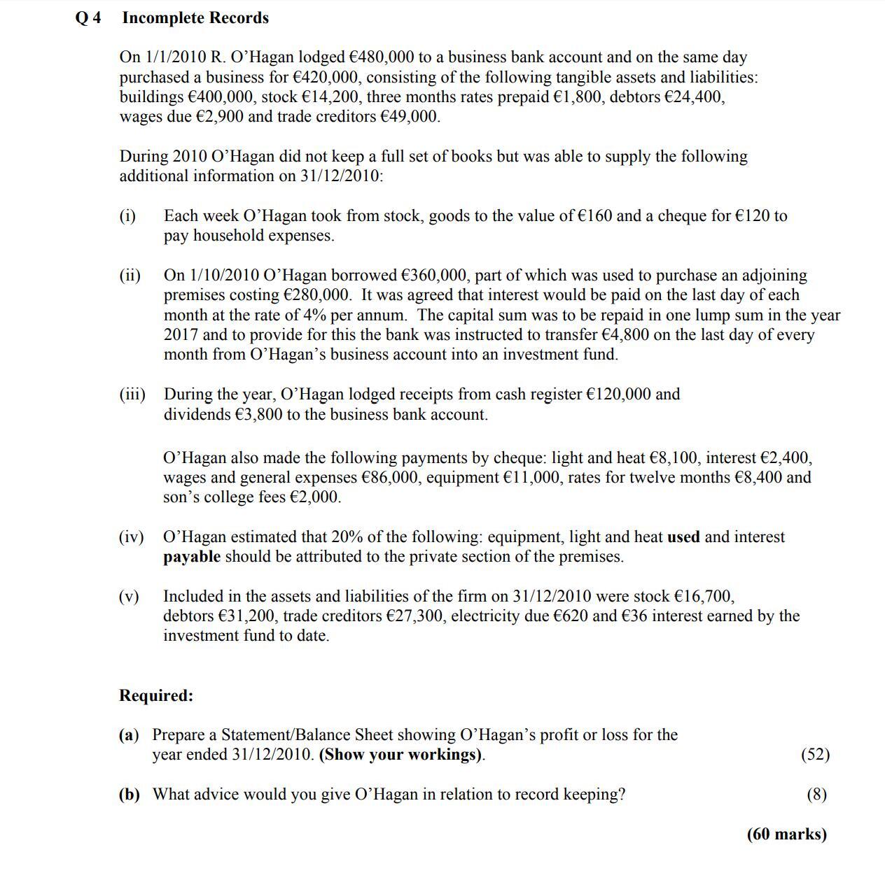 On-1/1/2010-O'Hagan-lodged-€480,000-to-a-business-bank-account-and-on-the-same-day-purchased-a-business-for-€420,000,-consisting-of-the-following-tangible-assets-and-liabilities:-buildings-€490,000,-stock-€14,200,-three-months-rates-prepaid-€1,800,-debtors-€24,400,-wages-due-€2,900-and-trade-creditors-€49,000-Leaving Cert Accounting-Question 4-2011.png