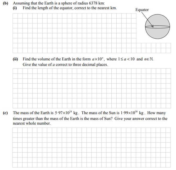 Assuming-that-the-Earth-is-a-sphere-of-radius-6378-km:--(i)-Find-the-length-of-the-equator,-correct-to-the-nearest-km-Leaving Cert Mathematics-Question b-2015.png