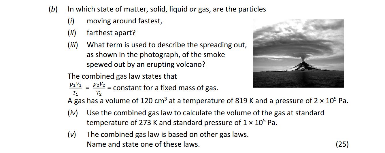 In-which-state-of-matter,-solid,-liquid-or-gas,-are-the-particles-(i)-moving-around-fastest,-(ii)-farthest-apart?-(iii)-What-term-is-used-to-describe-the-spreading-out,-as-shown-in-the-photograph,-of-the-smoke-spewed-out-by-an-erupting-volcano?--The-combined-gas-law-states-that-$$\frac{p_1-V_1}{T_1}-=-\frac{p_2-V_2}{T_2}$$-constant-for-a-fixed-mass-of-gas-Leaving Cert Chemistry-Question b-2020.png