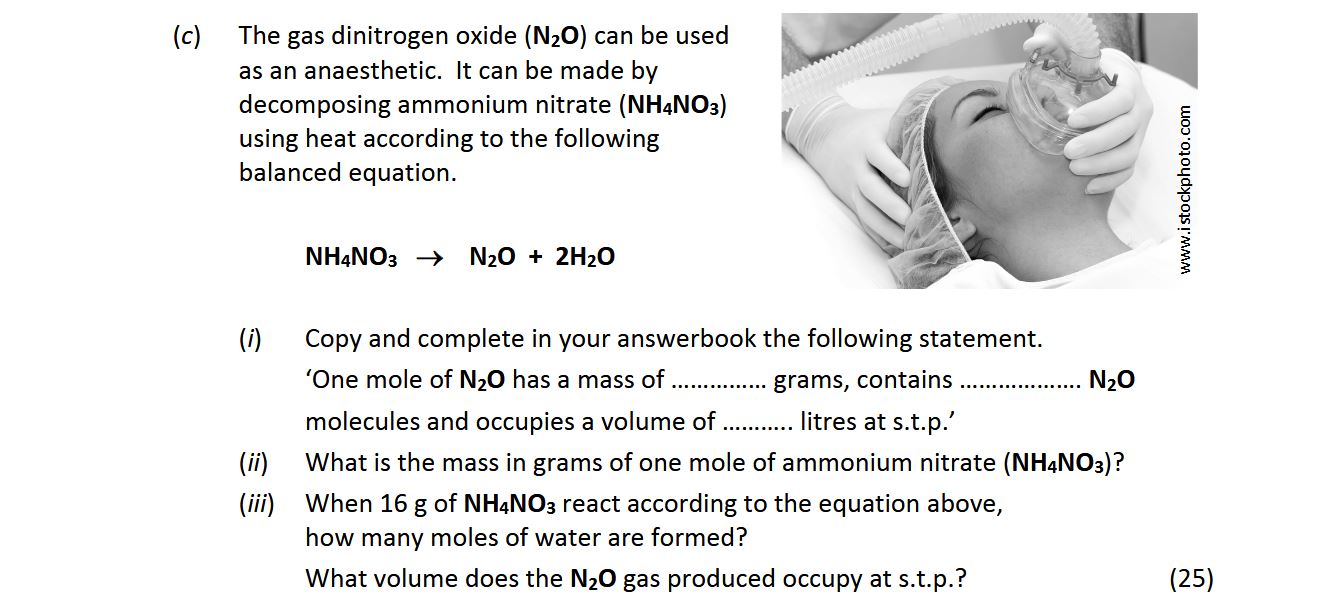 The-gas-dinitrogen-oxide-(N₂O)-can-be-used-as-an-anaesthetic-Leaving Cert Chemistry-Question c-2018.png