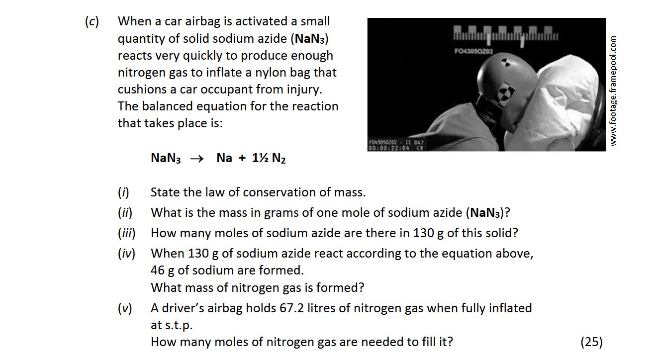 When-a-car-airbag-is-activated-a-small-quantity-of-solid-sodium-azide-(NaN₃)-reacts-very-quickly-to-produce-enough-nitrogen-gas-to-inflate-a-nylon-bag-that-cushions-a-car-occupant-from-injury-Leaving Cert Chemistry-Question c-2017.png