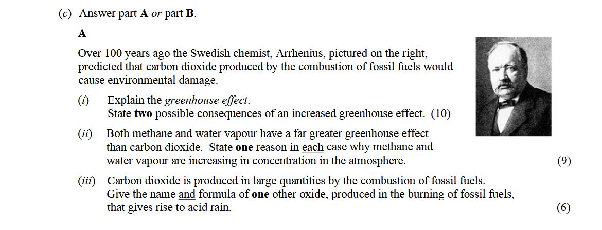 Over-100-years-ago-the-Swedish-chemist,-Arhenius,-predicted-that-carbon-dioxide-produced-by-the-combustion-of-fossil-fuels-would-cause-environmental-damage-Leaving Cert Chemistry-Question A-2011.png