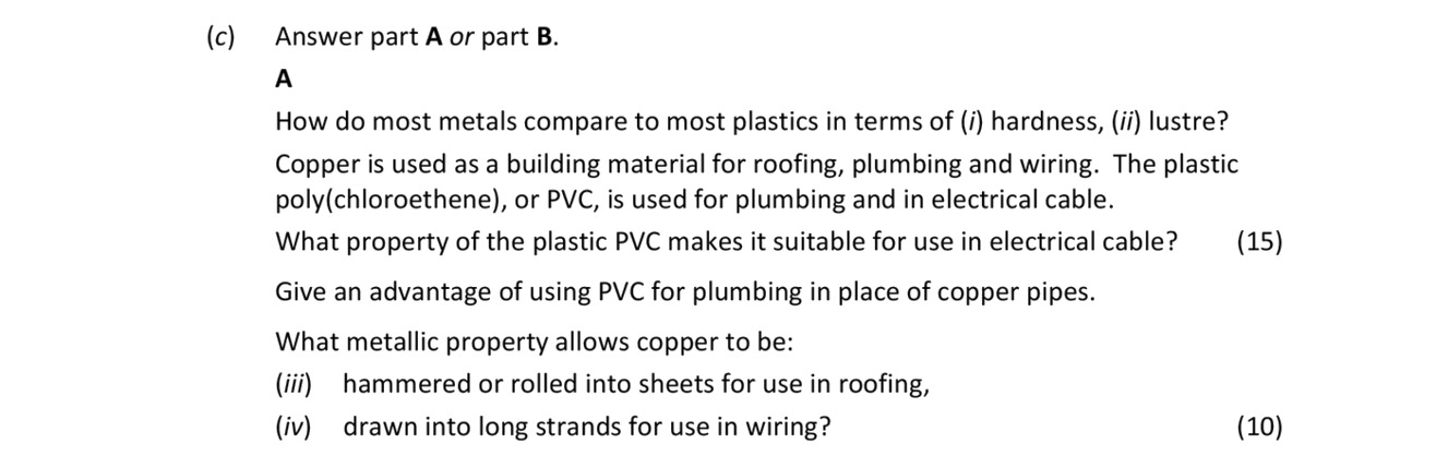 How-do-most-metals-compare-to-most-plastics-in-terms-of-(i)-hardness,-(ii)-lustre?--Copper-is-used-as-a-building-material-for-roofing,-plumbing-and-wiring-Leaving Cert Chemistry-Question c-2018.png