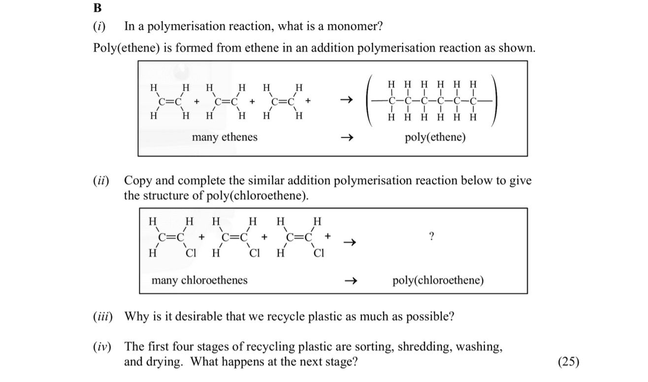 In-a-polymerisation-reaction,-what-is-a-monomer?-Poly(ethene)-is-formed-from-ethene-in-an-addition-polymerisation-reaction-as-shown-Leaving Cert Chemistry-Question B-2016.png