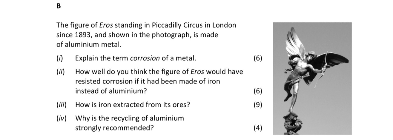 The-figure-of-Eros-standing-in-Piccadilly-Circus-in-London-since-1893,-and-shown-in-the-photograph,-is-made-of-aluminium-metal-Leaving Cert Chemistry-Question B-2019.png
