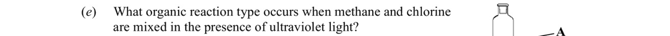 What-organic-reaction-type-occurs-when-methane-and-chlorine-are-mixed-in-the-presence-of-ultraviolet-light?-Leaving Cert Chemistry-Question e-2013.png