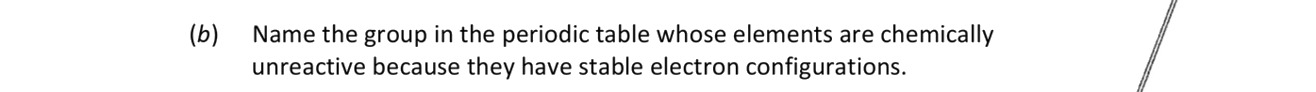 Name-the-group-in-the-periodic-table-whose-elements-are-chemically-unreactive-because-they-have-stable-electron-configurations.-Leaving Cert Chemistry-Question (b)-2020.png
