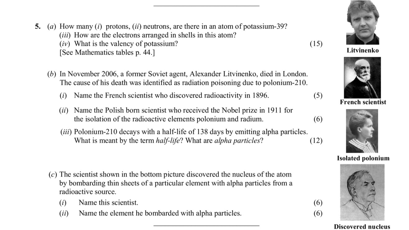 (a)-(i)-How-many-(i)-protons,-(ii)-neutrons,-are-there-in-an-atom-of-potassium-39?-(ii)-How-are-the-electrons-arranged-in-shells-in-this-atom?-(iii)-What-is-the-valency-of-potassium?--(b)-In-November-2006,-a-former-Soviet-agent,-Alexander-Litvinenko,-died-in-London-Leaving Cert Chemistry-Question 5-2007.png