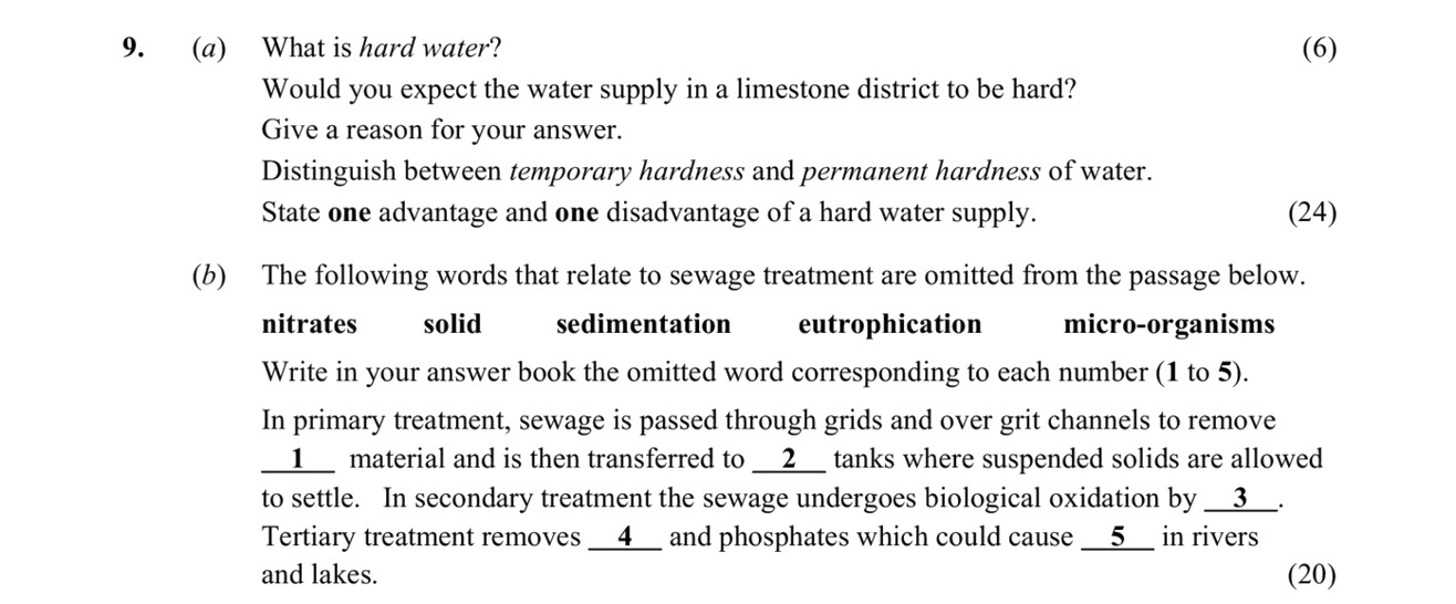9.-(a)-What-is-hard-water?-Would-you-expect-the-water-supply-in-a-limestone-district-to-be-hard?-Give-a-reason-for-your-answer-Leaving Cert Chemistry-Question 9-2014.png
