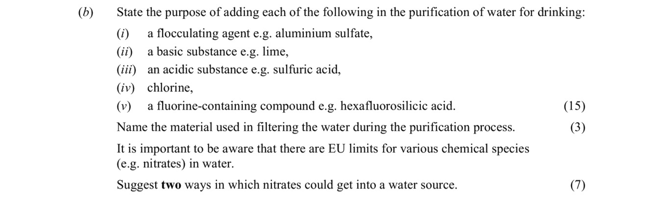 State-the-purpose-of-adding-each-of-the-following-in-the-purification-of-water-for-drinking:--(i)-a-flocculating-agent-e.g-Leaving Cert Chemistry-Question b-2013.png