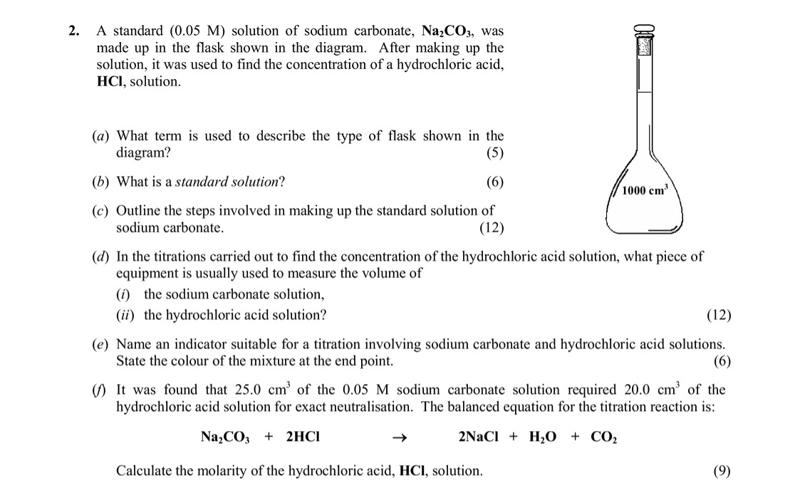 A-standard-(0.05-M)-solution-of-sodium-carbonate,-Na2CO3,-was-made-up-in-the-flask-shown-in-the-diagram-Leaving Cert Chemistry-Question 2-2008.png