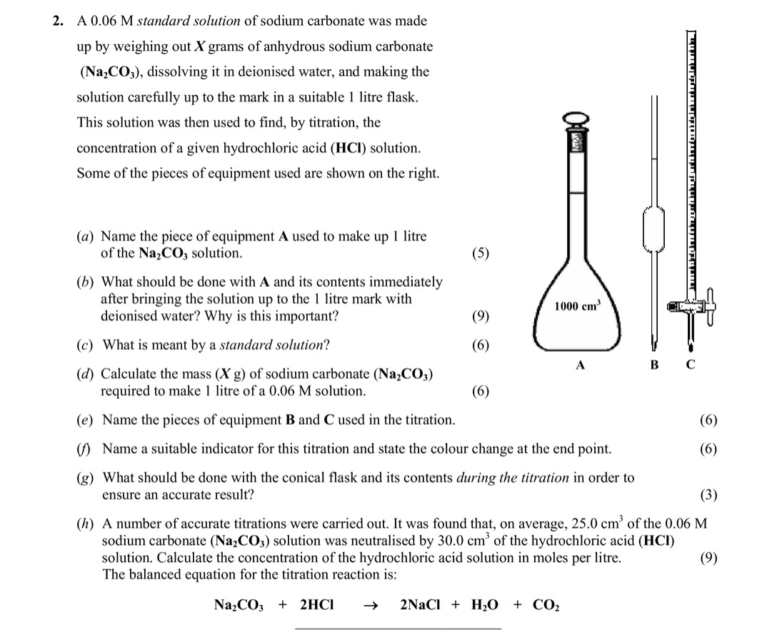 A-0.06-M-standard-solution-of-sodium-carbonate-was-made-up-by-weighing-out-X-grams-of-anhydrous-sodium-carbonate-(Na2CO3),-dissolving-it-in-deionised-water,-and-making-the-solution-carefully-up-to-the-mark-in-a-suitable-1-litre-flask-Leaving Cert Chemistry-Question 2-2006.png
