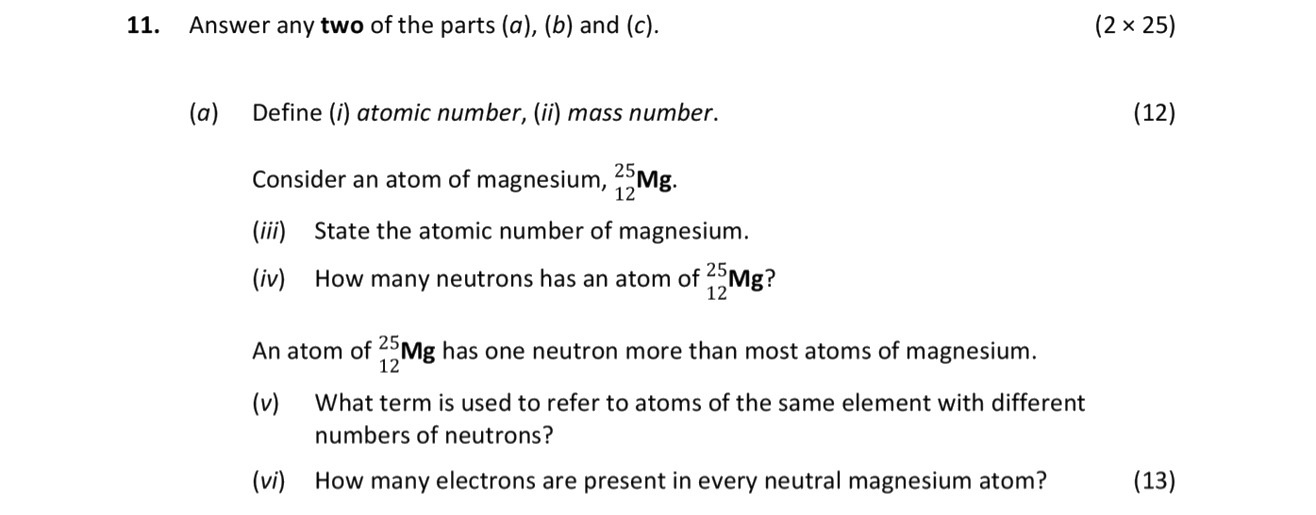 Define-(i)-atomic-number,-(ii)-mass-number-Leaving Cert Chemistry-Question 11-2019.png