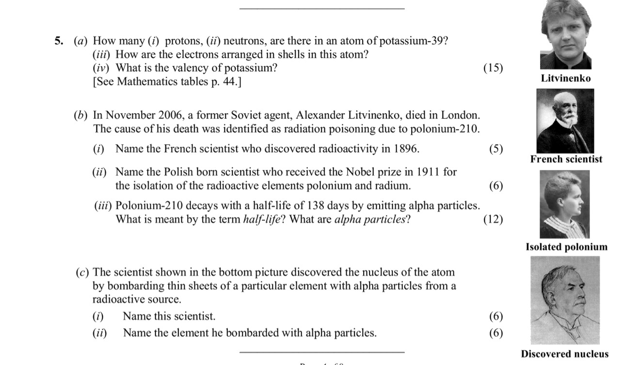 5.-(a)-(i)-How-many-(i)-protons,-(ii)-neutrons,-are-there-in-an-atom-of-potassium-39?-(ii)-How-are-the-electrons-arranged-in-shells-in-this-atom?-(iii)-What-is-the-valency-of-potassium?--(b)-In-November-2006,-a-former-Soviet-agent,-Alexander-Litvinenko,-died-in-London-Leaving Cert Chemistry-Question 5-2007.png