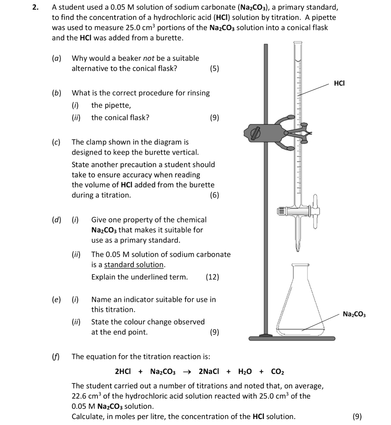 A-student-used-a-0.05-M-solution-of-sodium-carbonate-(Na2CO3),-a-primary-standard,-to-find-the-concentration-of-a-hydrochloric-acid-(HCl)-solution-by-titration-Leaving Cert Chemistry-Question 2-2019.png