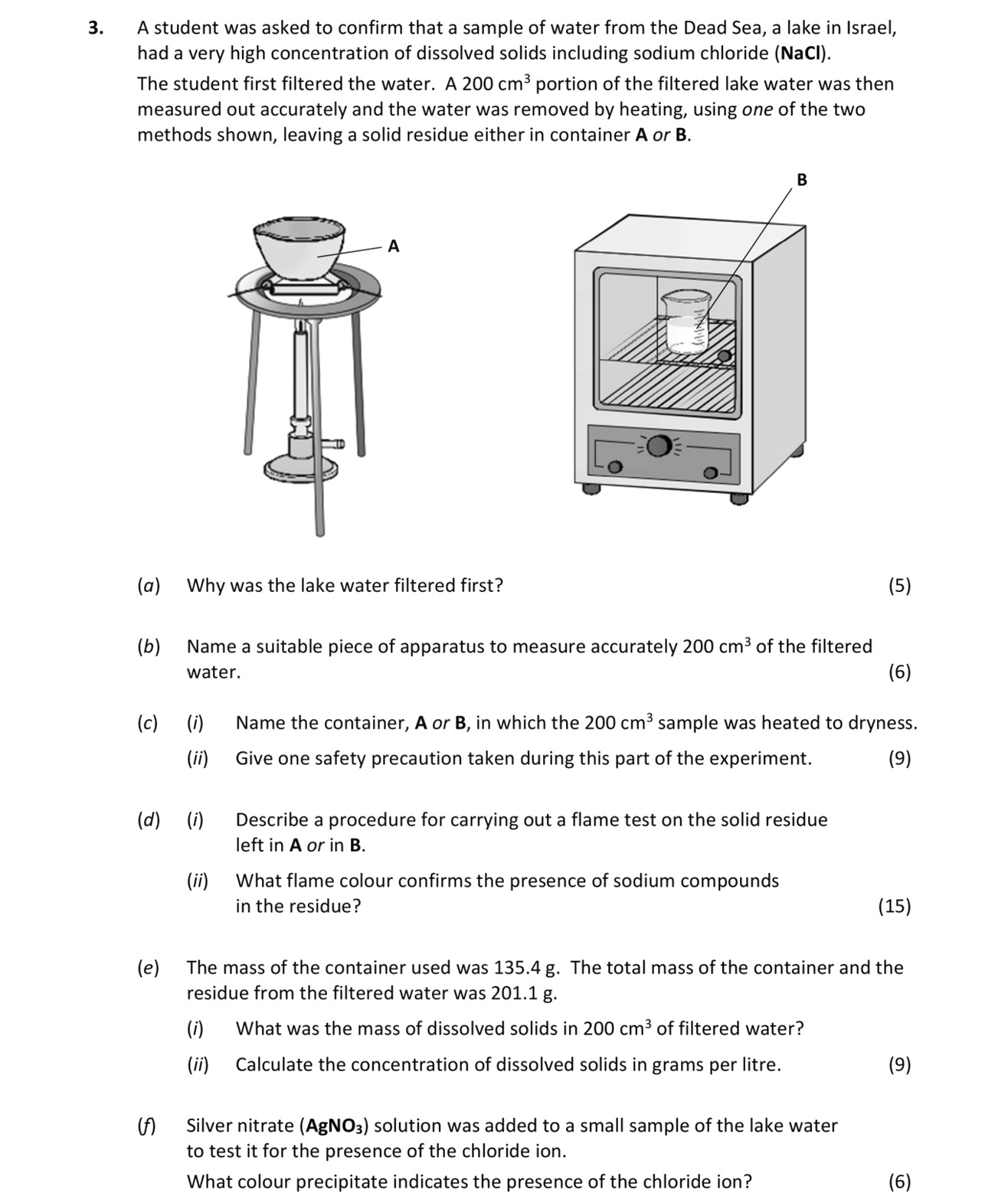 A-student-was-asked-to-confirm-that-a-sample-of-water-from-the-Dead-Sea,-a-lake-in-Israel,-had-a-very-high-concentration-of-dissolved-solids-including-sodium-chloride-(NaCl)-Leaving Cert Chemistry-Question 3-2019.png
