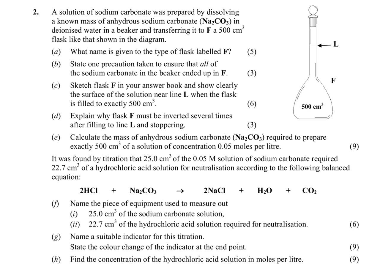 A-solution-of-sodium-carbonate-was-prepared-by-dissolving-a-known-mass-of-anhydrous-sodium-carbonate-(Na2CO3)-in-deionised-water-in-a-beaker-and-transferring-it-to-a-500-cm-flask-like-that-shown-in-the-diagram-Leaving Cert Chemistry-Question 2-2015.png