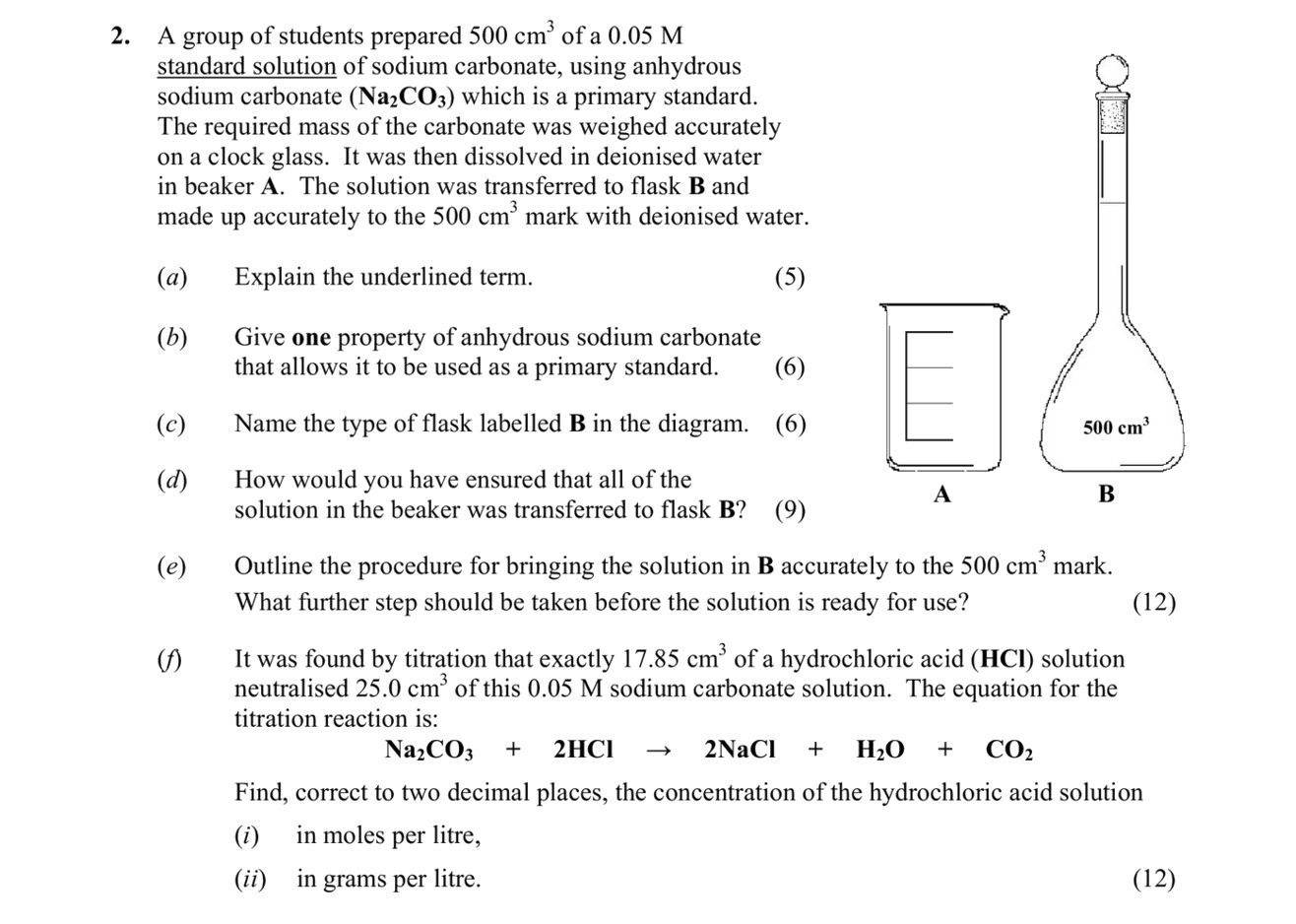 A-group-of-students-prepared-500-cm³-of-a-0.05-M-standard-solution-of-sodium-carbonate,-using-anhydrous-sodium-carbonate-(Na₂CO₃),-which-is-a-primary-standard-Leaving Cert Chemistry-Question 2-2013.png