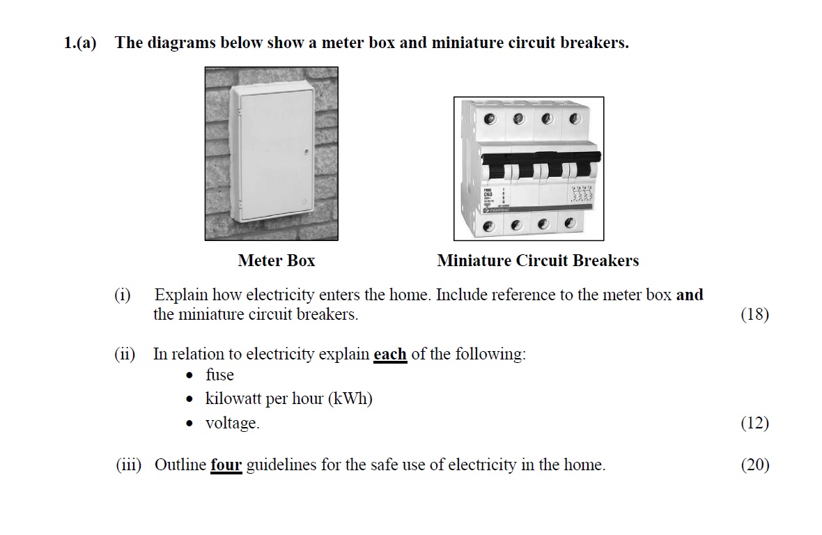 The-diagrams-below-show-a-meter-box-and-miniature-circuit-breakers-Leaving Cert Home Economics-Question 1(a)-2014.png