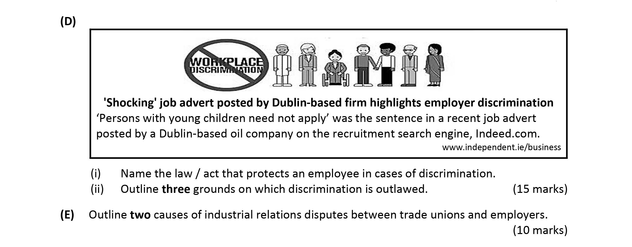 'Shocking'-job-advert-posted-by-Dublin-based-firm-highlights-employer-discrimination--'Persons-with-young-children-need-not-apply'-was-the-sentence-in-a-recent-job-advert-posted-by-a-Dublin-based-oil-company-on-the-recruitment-search-engine,-Indeed.com-Leaving Cert Business-Question D-2019.png