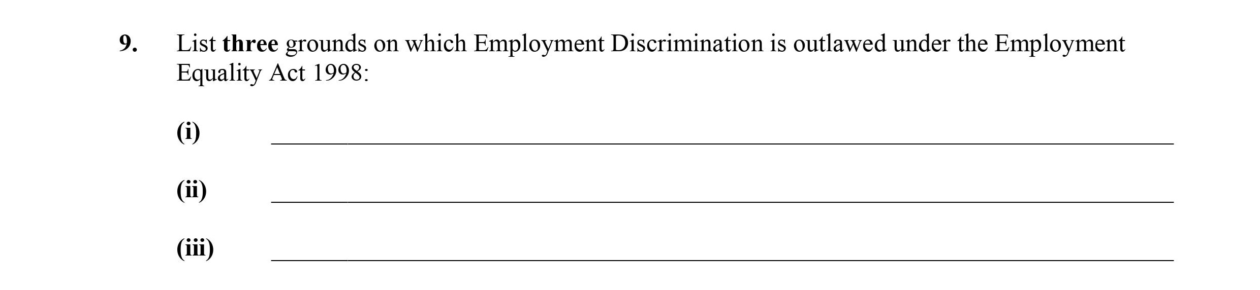 List-three-grounds-on-which-Employment-Discrimination-is-outlawed-under-the-Employment-Equality-Act-1998:--(i)--(ii)--(iii)-Leaving Cert Business-Question 9-2010.png