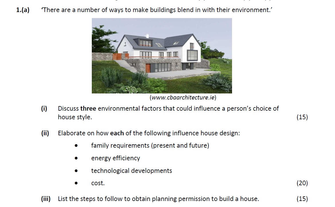 'There-are-a-number-of-ways-to-make-buildings-blend-in-with-their-environment.'--(i)-Discuss-three-environmental-factors-that-could-influence-a-person’s-choice-of-house-style-Leaving Cert Home Economics-Question 1(a)-2019.png