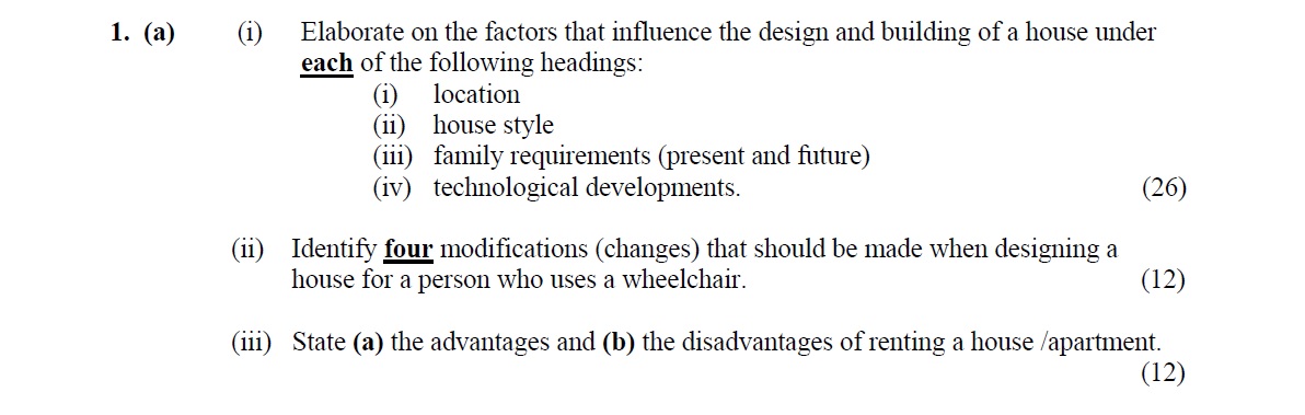 Elaborate-on-the-factors-that-influence-the-design-and-building-of-a-house-under-each-of-the-following-headings:--(i)-location:-(ii)-house-style-(iii)-family-requirements-(present-and-future)-(iv)-technological-developments-Leaving Cert Home Economics-Question 1 (a)-2006.png