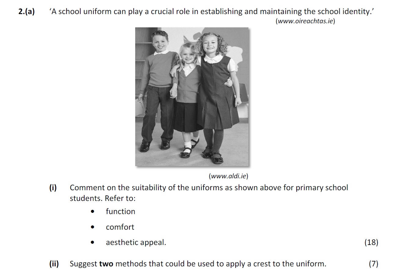 'A-school-uniform-can-play-a-crucial-role-in-establishing-and-maintaining-the-school-identity.'---(i)-Comment-on-the-suitability-of-the-uniforms-as-shown-above-for-primary-school-students-Leaving Cert Home Economics-Question 2(a)-2018.png
