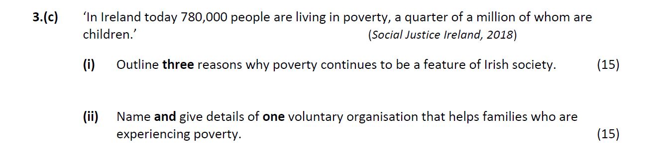 'In-Ireland-today-780,000-people-are-living-in-poverty,-a-quarter-of-a-million-of-whom-are-children.'-(Social-Justice-Ireland,-2018)--(i)-Outline-three-reasons-why-poverty-continues-to-be-a-feature-of-Irish-society-Leaving Cert Home Economics-Question 3(c)-2019.png