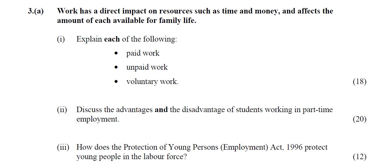 Work-has-a-direct-impact-on-resources-such-as-time-and-money,-and-affects-the-amount-of-each-available-for-family-life-Leaving Cert Home Economics-Question 3(a)-2016.png
