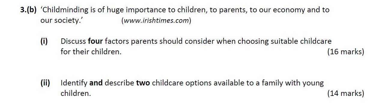 'Childminding-is-of-huge-importance-to-children,-to-parents,-to-our-economy-and-to-our-society.'---(www.irishtimes.com)------(i)-Discuss-four-factors-parents-should-consider-when-choosing-suitable-childcare-for-their-children-Leaving Cert Home Economics-Question 3(b)-2020.png