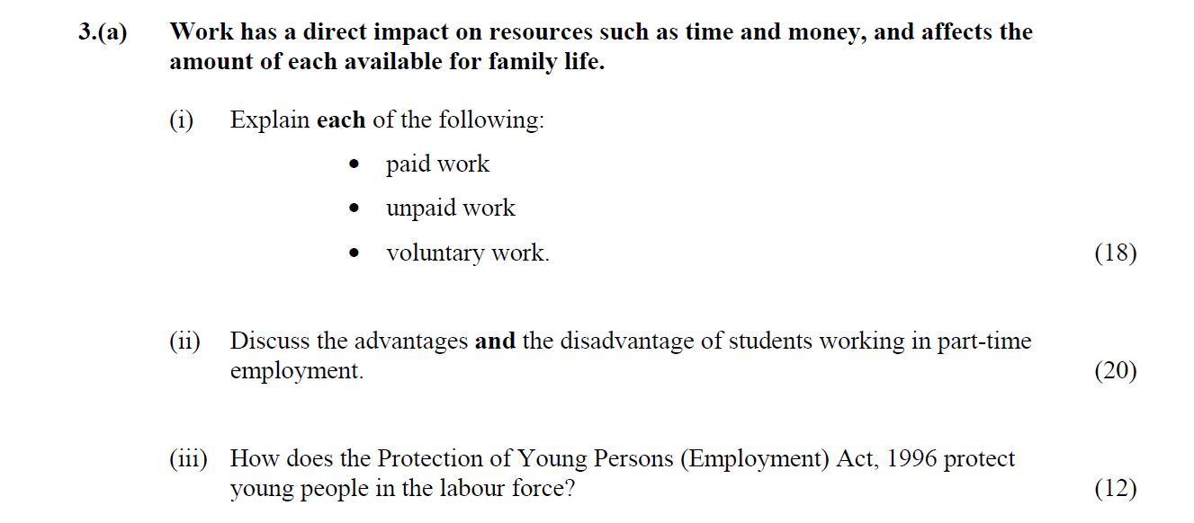 Work-has-a-direct-impact-on-resources-such-as-time-and-money,-and-affects-the-amount-of-each-available-for-family-life-Leaving Cert Home Economics-Question 3(a)-2016.png