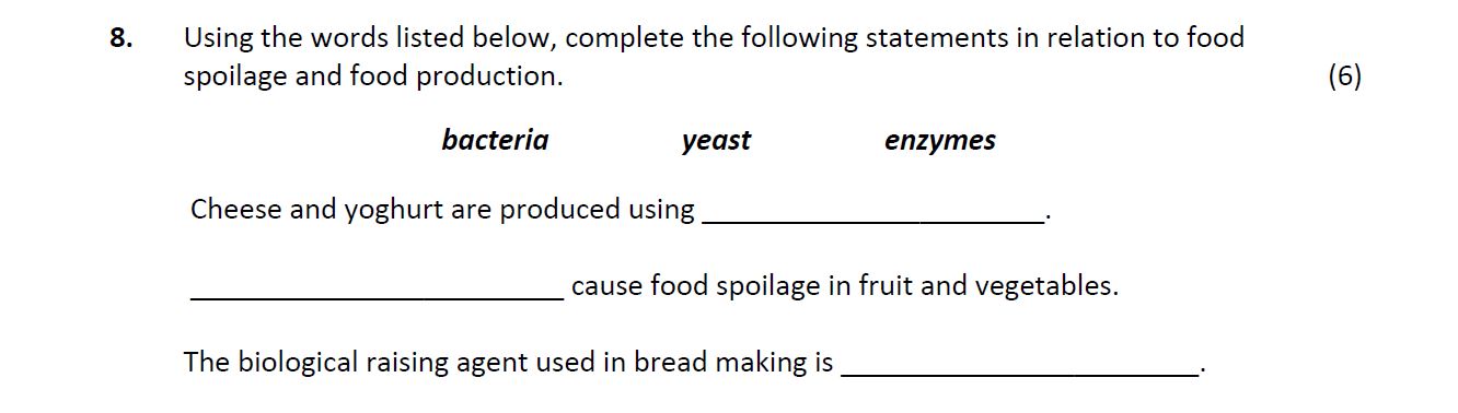Using-the-words-listed-below,-complete-the-following-statements-in-relation-to-food-spoilage-and-food-production-Leaving Cert Home Economics-Question 8-2018.png