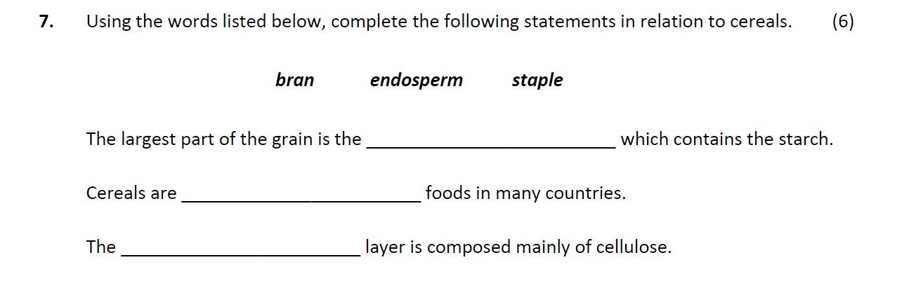 Using-the-words-listed-below,-complete-the-following-statements-in-relation-to-cereals-Leaving Cert Home Economics-Question 7-2017.png