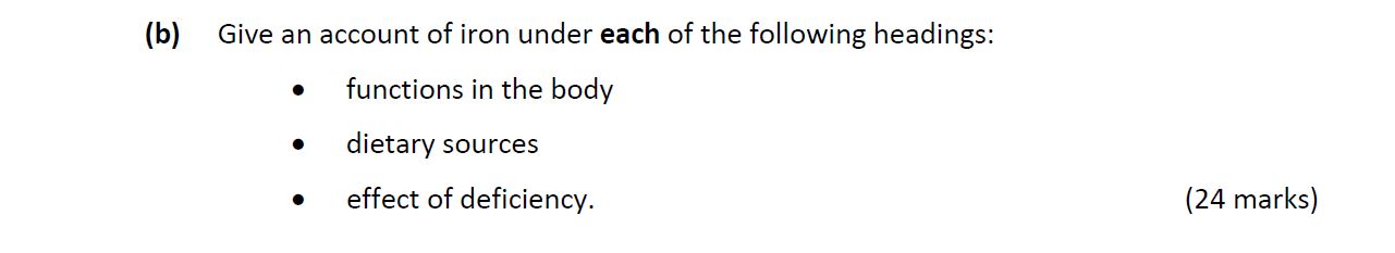 Give-an-account-of-iron-under-each-of-the-following-headings:----functions-in-the-body---dietary-sources-Leaving Cert Home Economics-Question b-2020.png