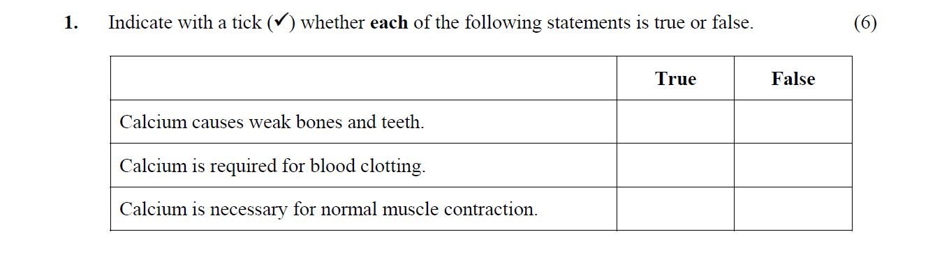 Indicate-with-a-tick-(✓)-whether-each-of-the-following-statements-is-true-or-false:----Calcium-causes-weak-bones-and-teeth-Leaving Cert Home Economics-Question 1-2015.png