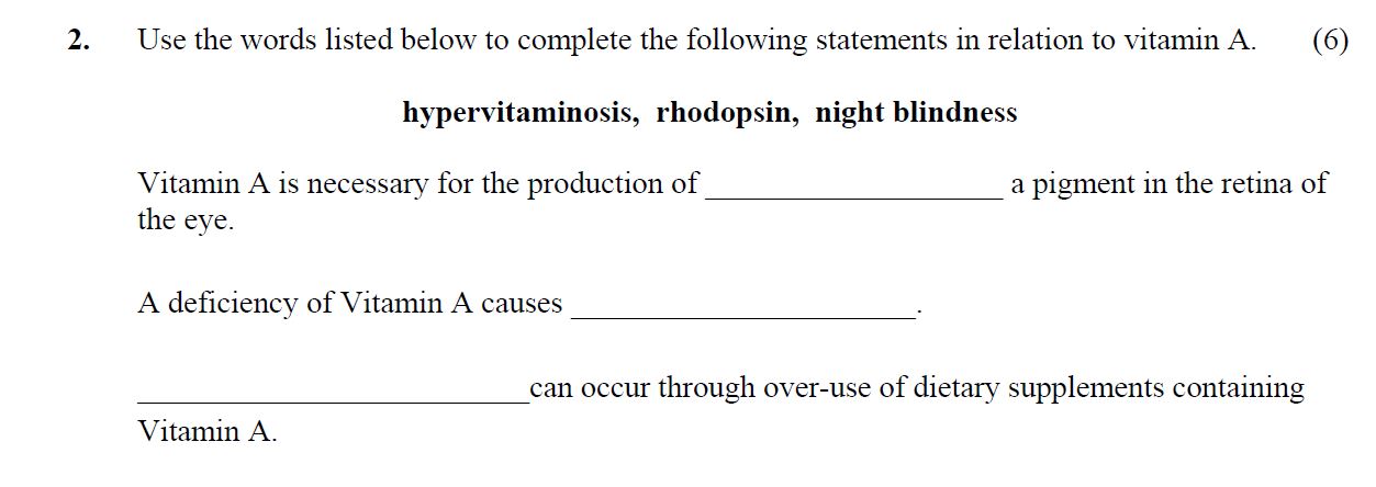 Use-the-words-listed-below-to-complete-the-following-statements-in-relation-to-vitamin-A-Leaving Cert Home Economics-Question 2-2013.png