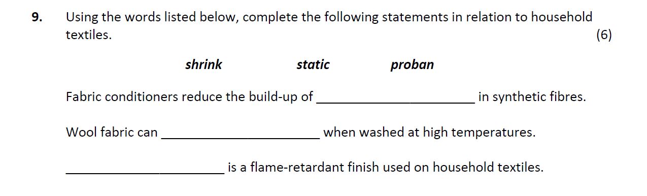 Using-the-words-listed-below,-complete-the-following-statements-in-relation-to-household-textiles-Leaving Cert Home Economics-Question 9-2019.png