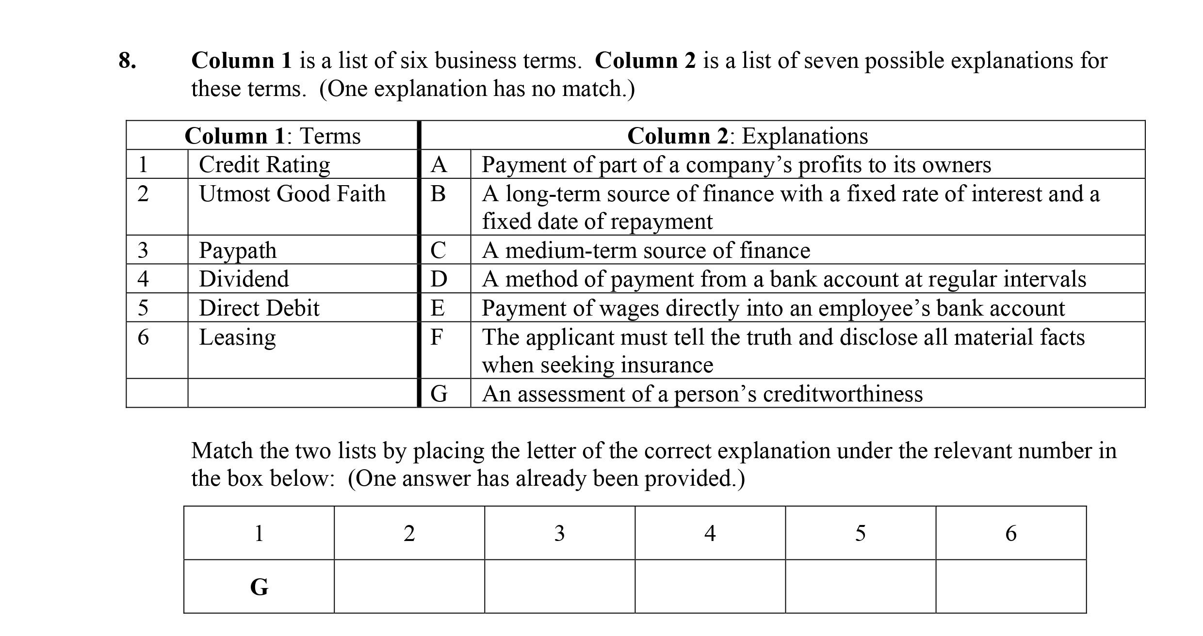 Column-1-is-a-list-of-six-business-terms-Leaving Cert Business-Question 8-2007.png