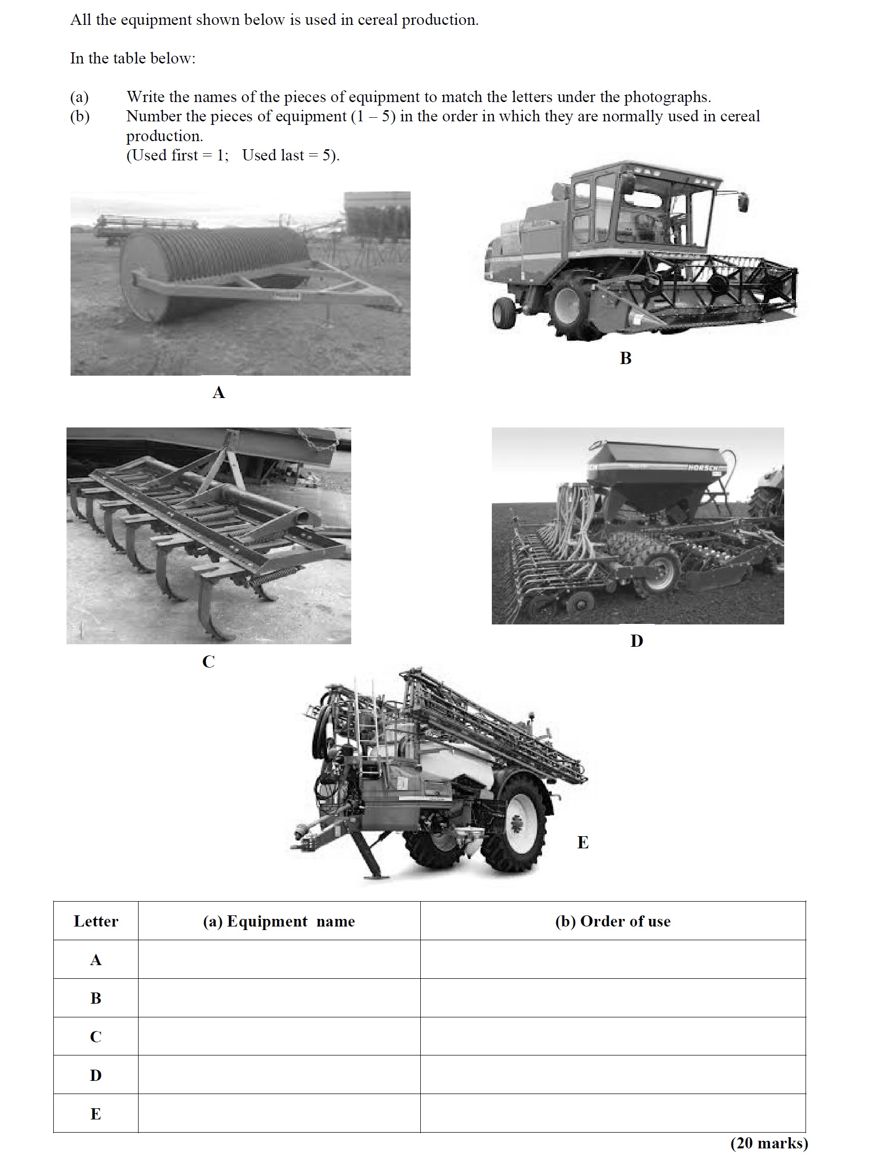 Write-the-names-of-the-pieces-of-equipment-to-match-the-letters-under-the-photographs-Leaving Cert Agricultural Science-Question 2-2008.png