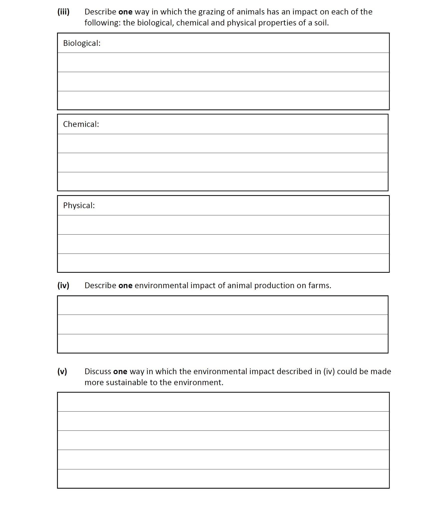 Describe-one-way-in-which-the-grazing-of-animals-has-an-impact-on-each-of-the-following:-the-biological,-chemical-and-physical-properties-of-a-soil-Leaving Cert Agricultural Science-Question iii-2020.png