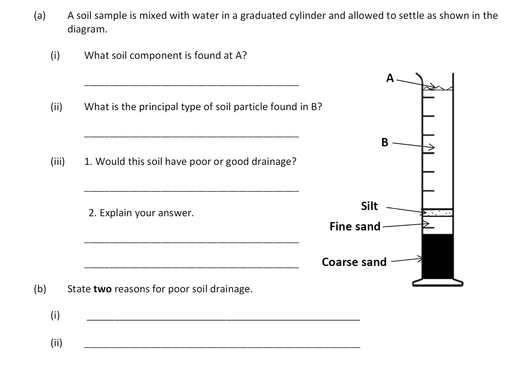 A-soil-sample-is-mixed-with-water-in-a-graduated-cylinder-and-allowed-to-settle-as-shown-in-the-diagram-Leaving Cert Agricultural Science-Question a-2018.png