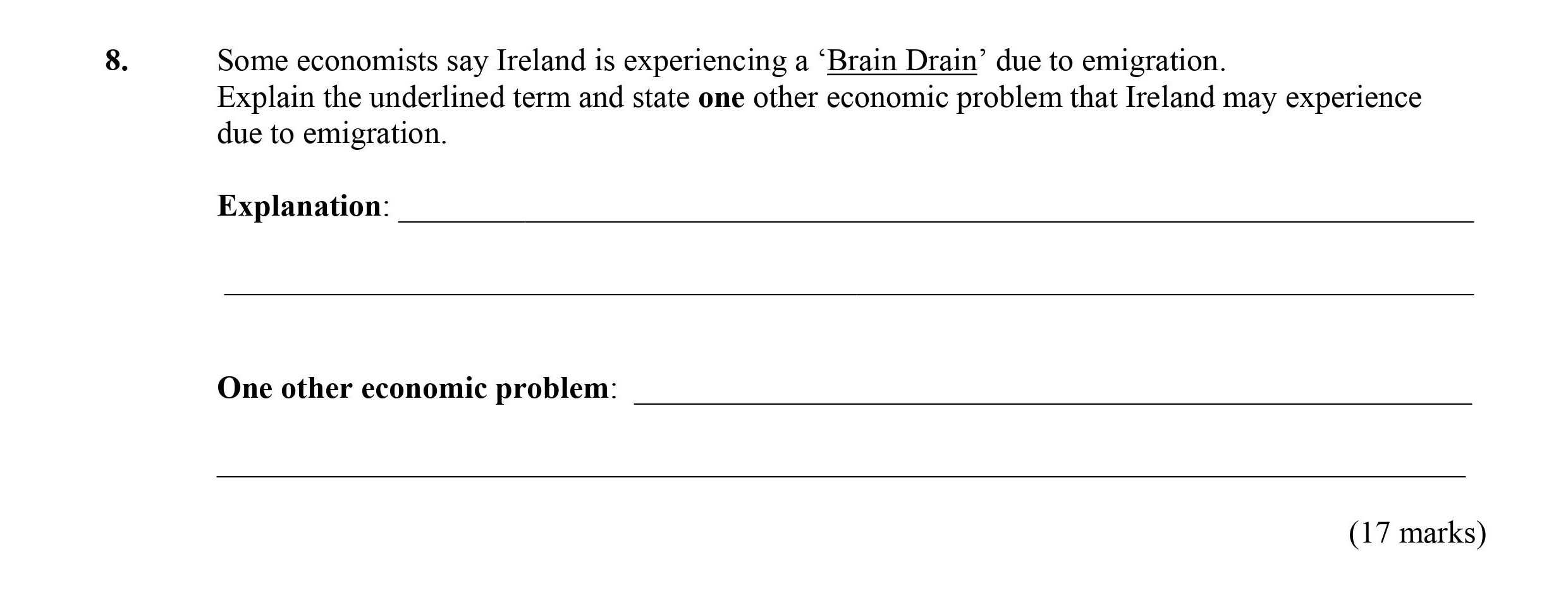 Some-economists-say-Ireland-is-experiencing-a-'Brain-Drain'-due-to-emigration-Leaving Cert Economics-Question 8-2015.png