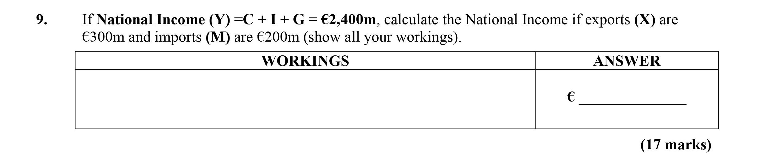 If-National-Income-(Y)-=-C-+-I-+-G-=-€2,400m,-calculate-the-National-Income-if-exports-(X)-are-€300m-and-imports-(M)-are-€200m-(show-all-your-workings).-Leaving Cert Economics-Question 9-2011.png