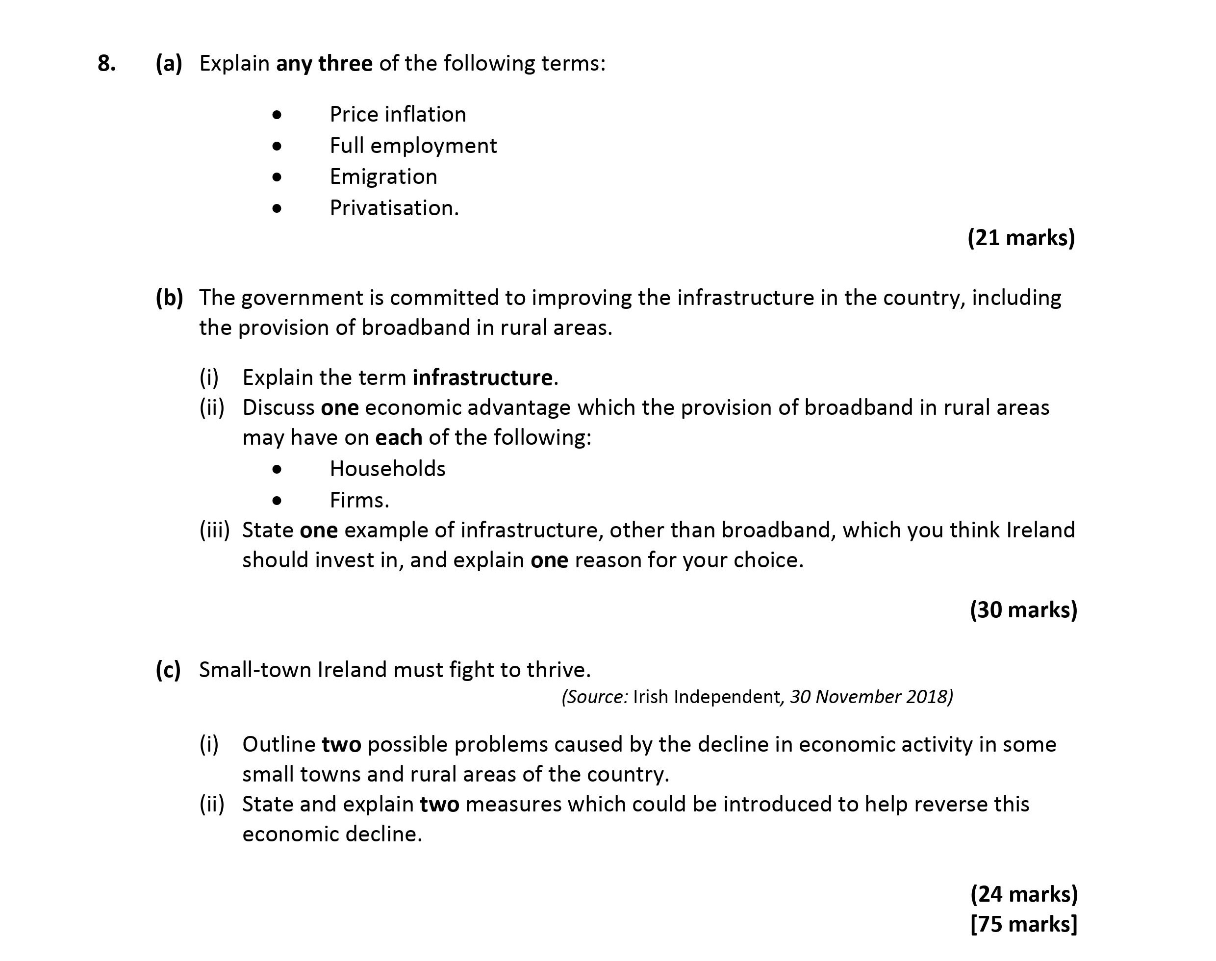8.-(a)-Explain-any-three-of-the-following-terms:----Price-inflation---Full-employment---Emigration---Privatisation-Leaving Cert Economics-Question 8-2019.png