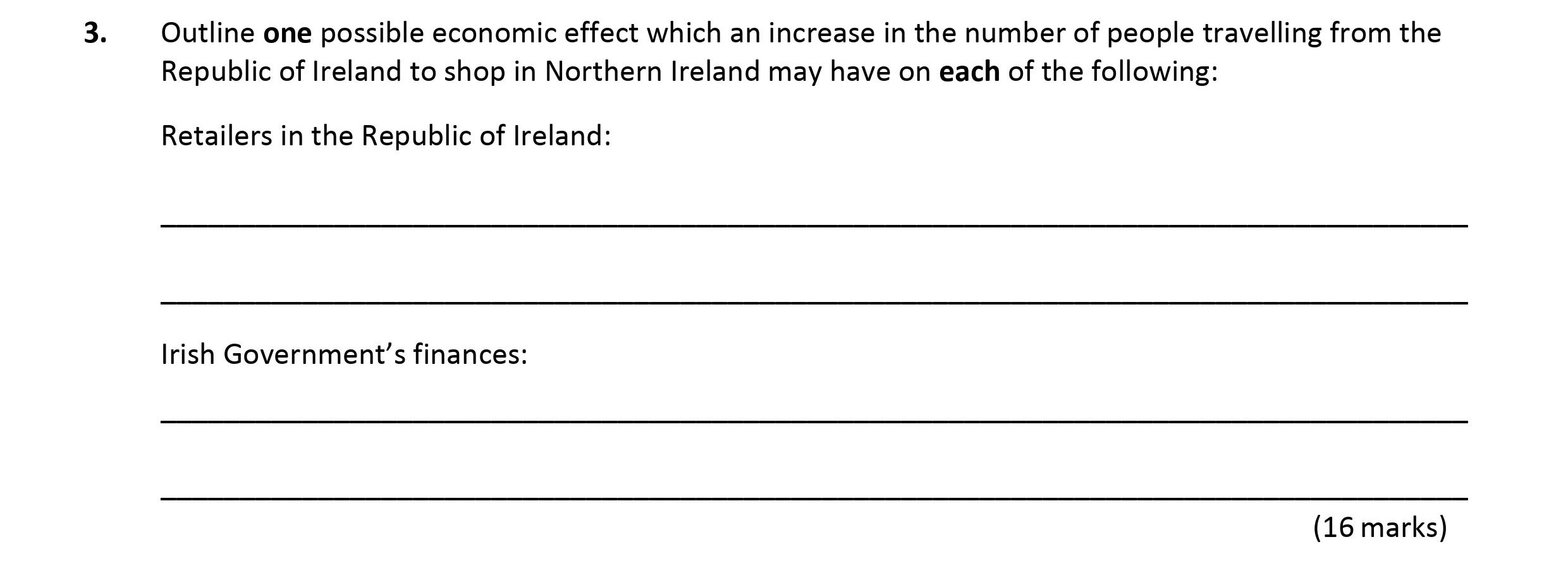 Outline-one-possible-economic-effect-which-an-increase-in-the-number-of-people-travelling-from-the-Republic-of-Ireland-to-shop-in-Northern-Ireland-may-have-on-each-of-the-following:--Retailers-in-the-Republic-of-Ireland:----Irish-Government’s-finances:----(16-marks)-Leaving Cert Economics-Question 3-2017.png
