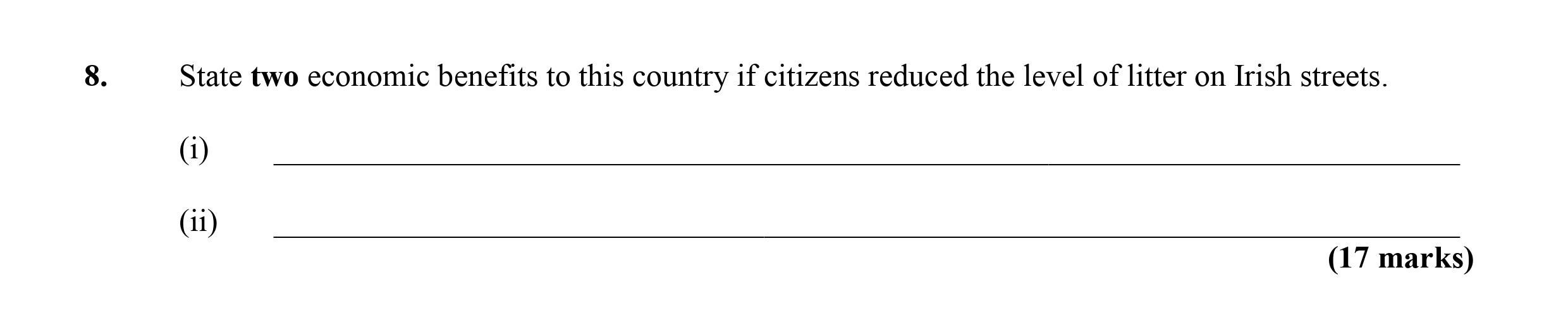State-two-economic-benefits-to-this-country-if-citizens-reduced-the-level-of-litter-on-Irish-streets-Leaving Cert Economics-Question 8-2009.png